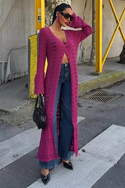 Ajur Uzun Düğmeli Triko Hırka 5181