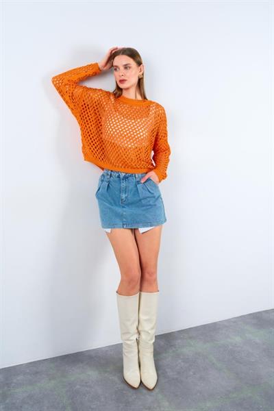 Ajurlu Bisiklet Yaka Kazak - Oranj