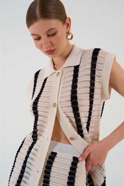 Ajurlu Çizgili Etek Takım - Krem-Siyah