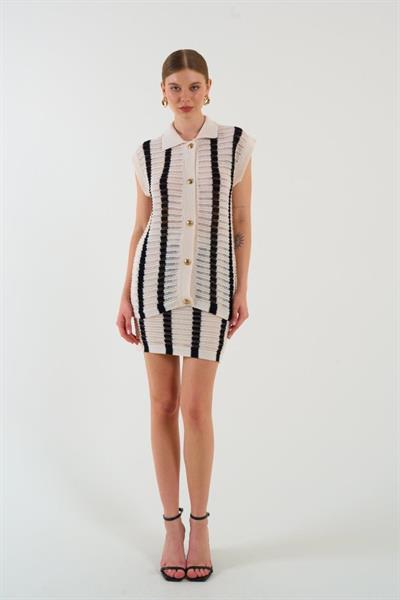 Ajurlu Çizgili Etek Takım - Krem-Siyah