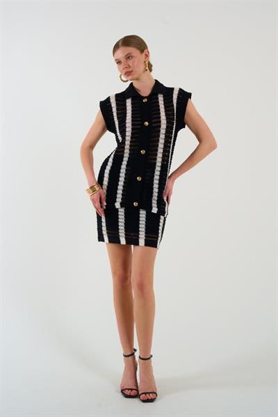 Ajurlu Çizgili Etek Takım - Siyah-Krem