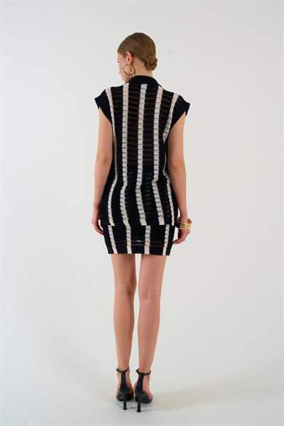 Ajurlu Çizgili Etek Takım - Siyah-Krem