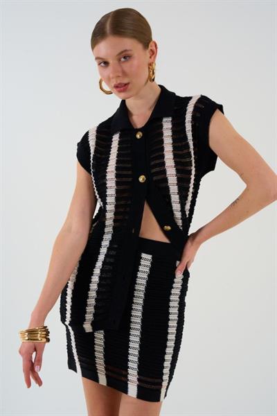 Ajurlu Çizgili Etek Takım - Siyah-Krem