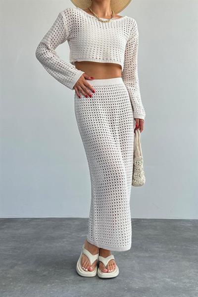 Ajurlu Crop Etekli Takım - Krem