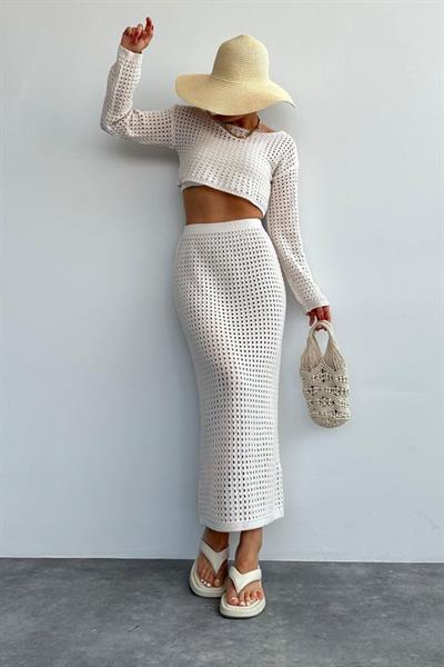 Ajurlu Crop Etekli Takım - Krem