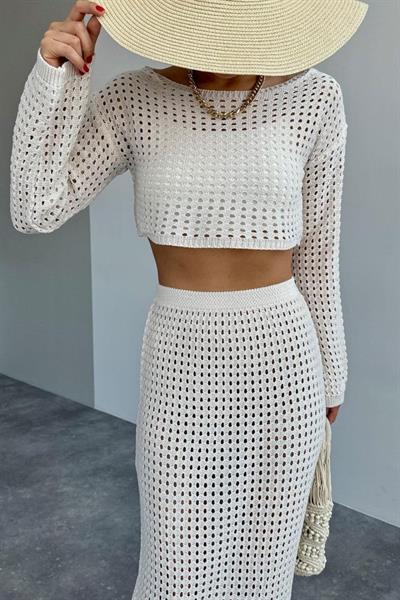 Ajurlu Crop Etekli Takım - Krem