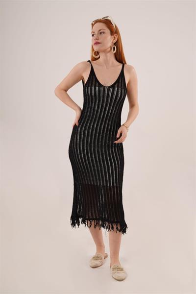 Ajurlu Püskül Detaylı Siyah Uzun Elbise