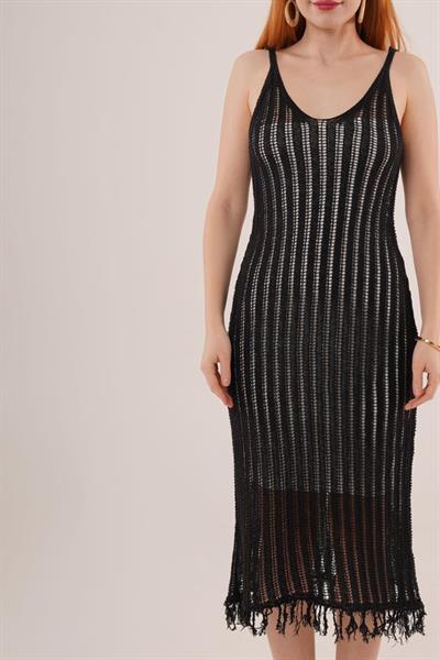 Ajurlu Püskül Detaylı Siyah Uzun Elbise