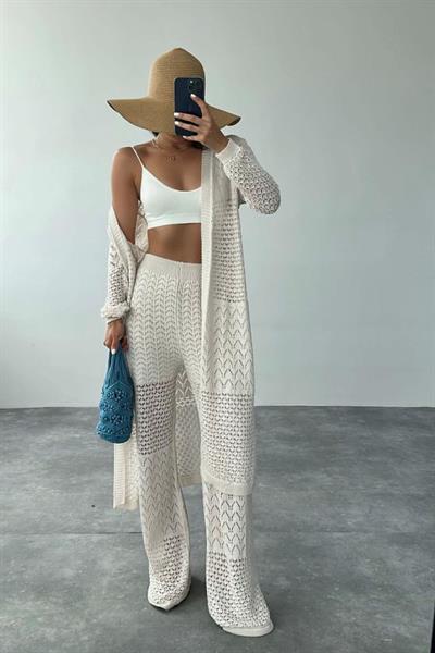 Ajurlu Uzun Hırkalı Takım - Krem