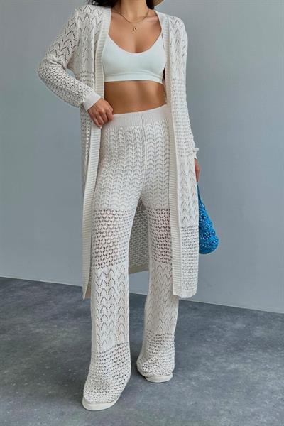 Ajurlu Uzun Hırkalı Takım - Krem