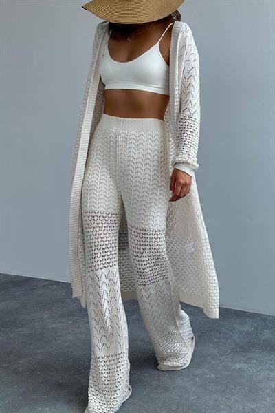 Ajurlu Uzun Hırkalı Takım - Krem