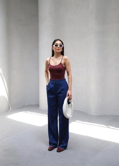 Arkasi Lasti̇kli̇ Pi̇leli̇ Dökümlü Wide Leg Pantolon