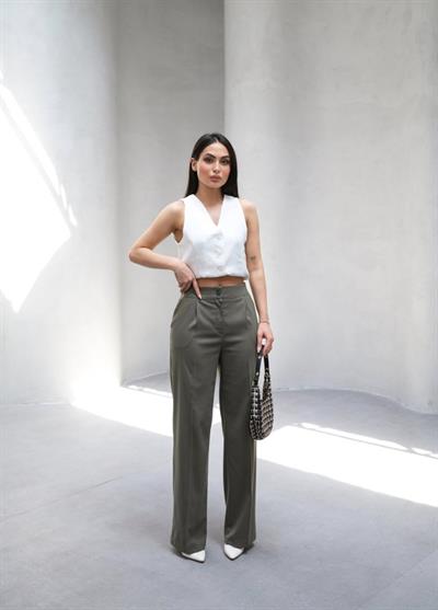 Arkasi Lasti̇kli̇ Pi̇leli̇ Dökümlü Wide Leg Pantolon