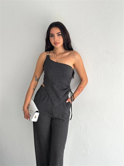 Asimetrik Crop Pantalon Ikili Takım - Füme