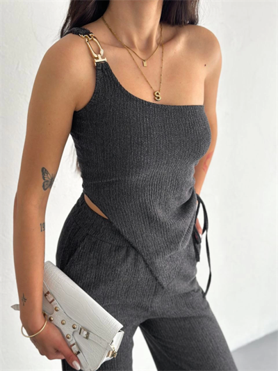 Asimetrik Crop Pantalon Ikili Takım - Füme