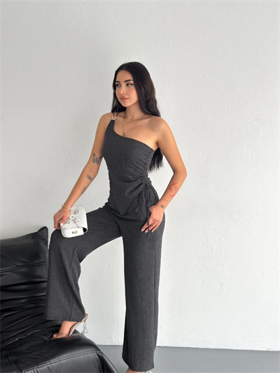 Asimetrik Crop Pantalon Ikili Takım - Füme