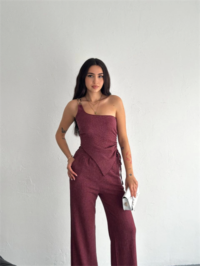 Asimetrik Crop Pantalon Ikili Takım - Gül Kurusu