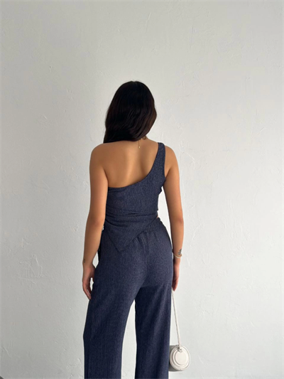 Asimetrik Crop Pantalon Ikili Takım - Lacivert