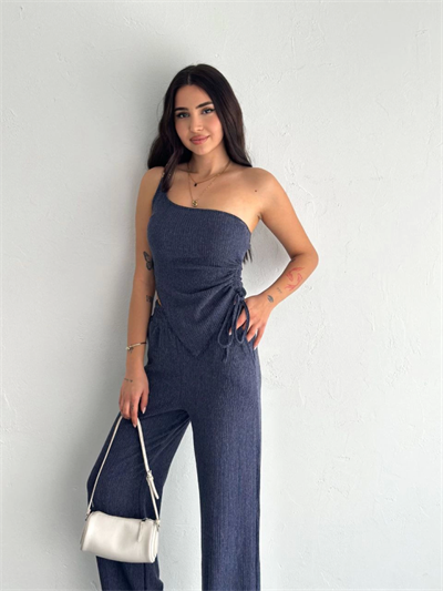Asimetrik Crop Pantalon Ikili Takım - Lacivert