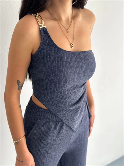 Asimetrik Crop Pantalon Ikili Takım - Lacivert