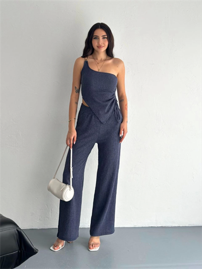 Asimetrik Crop Pantalon Ikili Takım - Lacivert