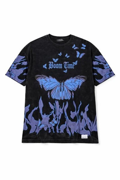 Asit Yıkamalı Oversize Tişört Mavi Kelebek Baskılı Dijital Print Bisiklet Yaka Streetwear T-Shirt - Siyah