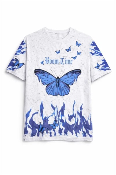 Asit Yıkamalı Oversize Tişört Mavi Kelebek Baskılı Dijital Print Bisiklet Yaka Streetwear T-Shirt - Beyaz