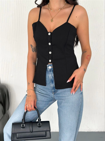 Askılı Dekolte Deraylı Bluz Crop - Siyah