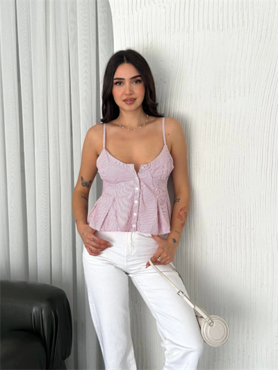 Askılı Dekolte Deraylı Crop - Kırmızı