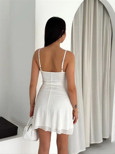 Askılı Mini Elbise Drapeli Göğüs Detay Likralı Yazlık Fit - Beyaz