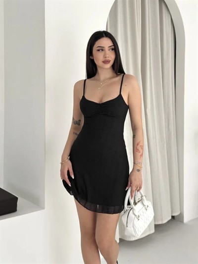 Askılı Mini Elbise Drapeli Göğüs Detay Likralı Yazlık Fit - Siyah