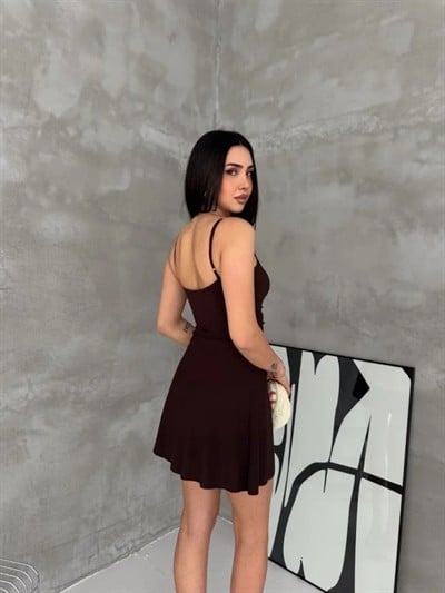 Askılı Şifon Mini Elbise Drapeli Bel Vücuda Oturan Yazlık Şık - Kahverengi