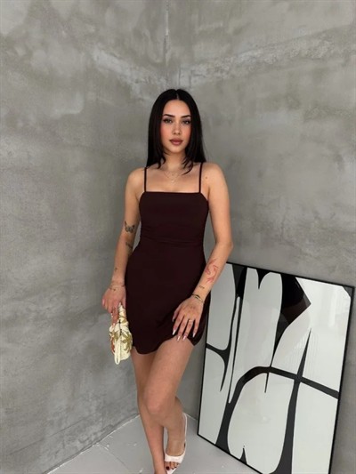 Askılı Şifon Mini Elbise Drapeli Bel Vücuda Oturan Yazlık Şık - Kahverengi