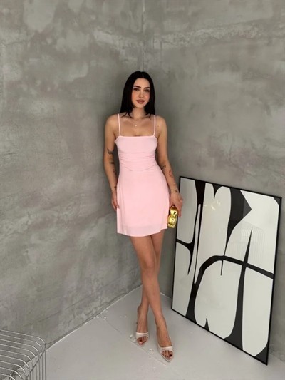 Askılı Şifon Mini Elbise Drapeli Bel Vücuda Oturan Yazlık Şık - Pembe