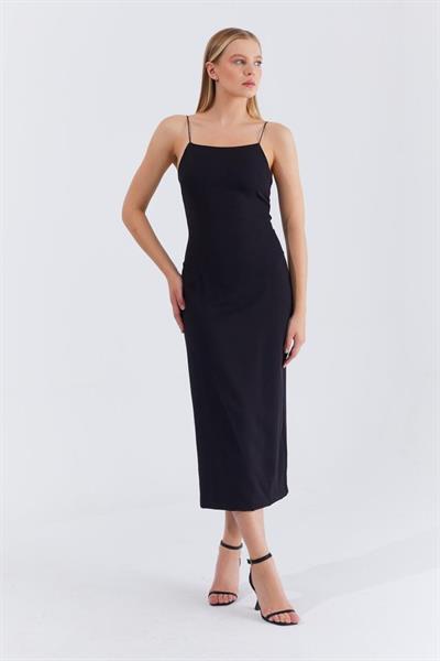 Askılı Uzun Elbise - Siyah
