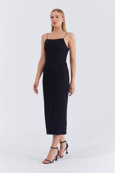 Askılı Uzun Elbise - Siyah