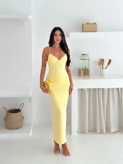Askılı Uzun Elbise V Yaka Şık Gece Elbisesi Vücuda Oturan - Sarı