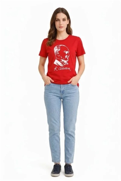 Atatürk Baskılı Tişört Kısa Kollu Bisiklet Yaka  T-Shirt - Kırmızı