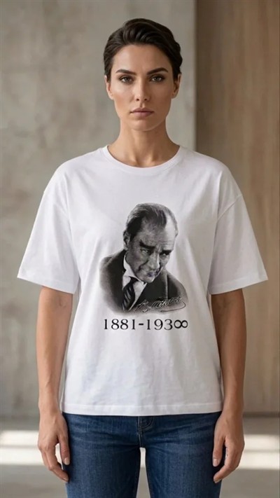 Atatürk Baskılı Tişört Kısa Kollu Bisiklet Yaka T-Shirt - Beyaz