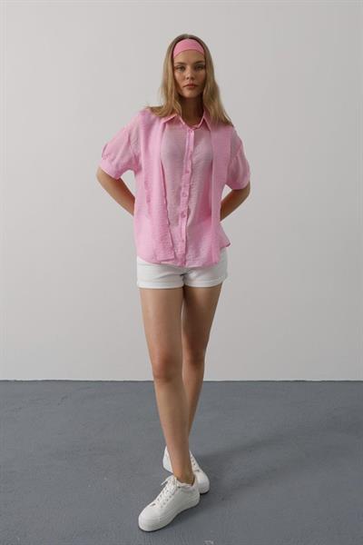 Atkı Detaylı Yarım Kol Gömlek - Pembe