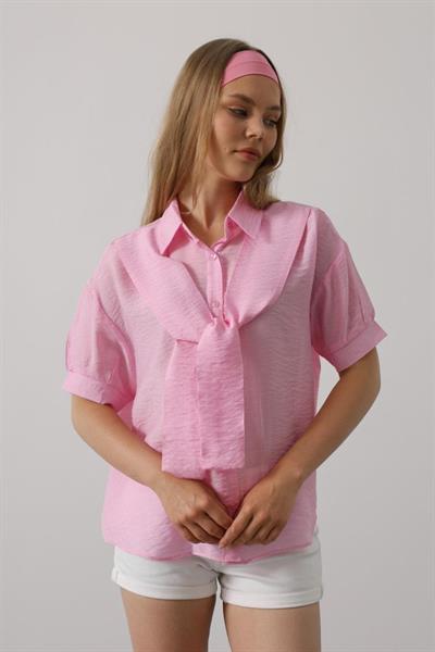 Atkı Detaylı Yarım Kol Gömlek - Pembe
