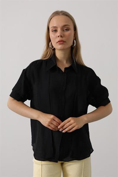 Atkı Detaylı Yarım Kol Gömlek - Siyah