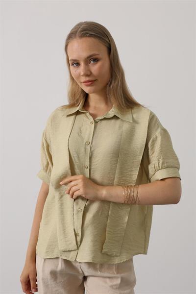 Atkı Detaylı Yarım Kol Gömlek - Yağ Yeşili