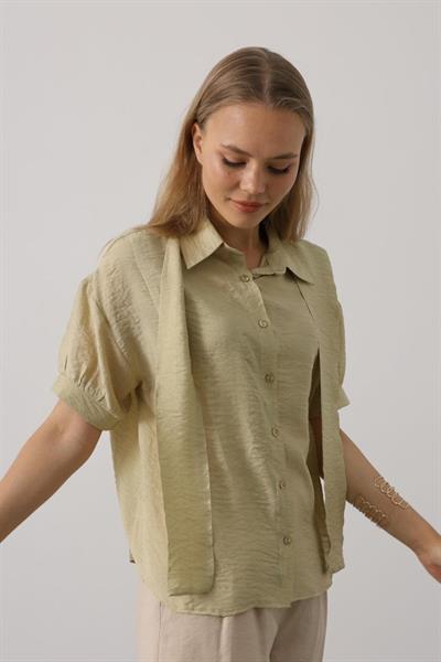 Atkı Detaylı Yarım Kol Gömlek - Yağ Yeşili
