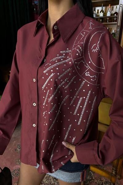 Ay Figürlü Taş İşlemeli Poplin Gömlek 3440