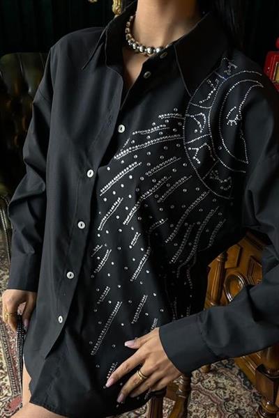 Ay Figürlü Taş İşlemeli Poplin Gömlek 3440