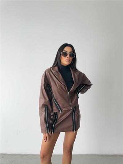 BAKLAVA DERİ CROP CEKET FERMUAR AKSESUAR DETAYLI - Kahverengi