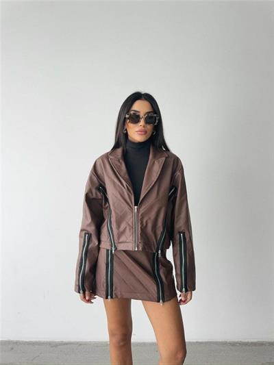 BAKLAVA DERİ CROP CEKET FERMUAR AKSESUAR DETAYLI - Kahverengi