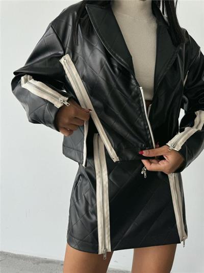 BAKLAVA DERİ CROP CEKET FERMUAR AKSESUAR DETAYLI - Siyah