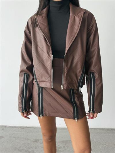 BAKLAVA DERİ CROP CEKET FERMUAR AKSESUAR DETAYLI - Kahverengi